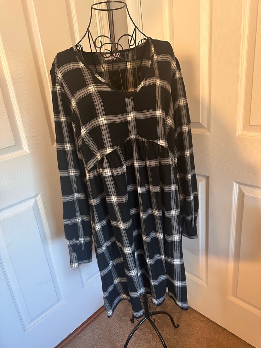 Knox Rose Womens Black & White Plaid Boho Long Sleeve Babydoll Tunic Dress XL - Picture 2 of 6